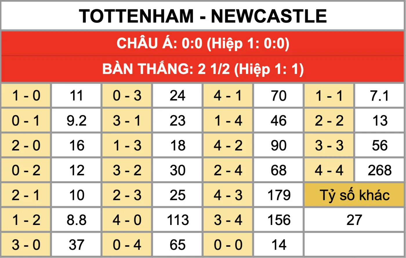 Tỷ lệ kèo tỷ số chính xác trận đấu Tottenham Vs Newcastle 11/02